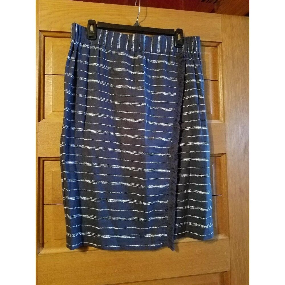 Liz Claiborne Wrap Skirt Size Large L Blue White Striped Modest Womens Fringe